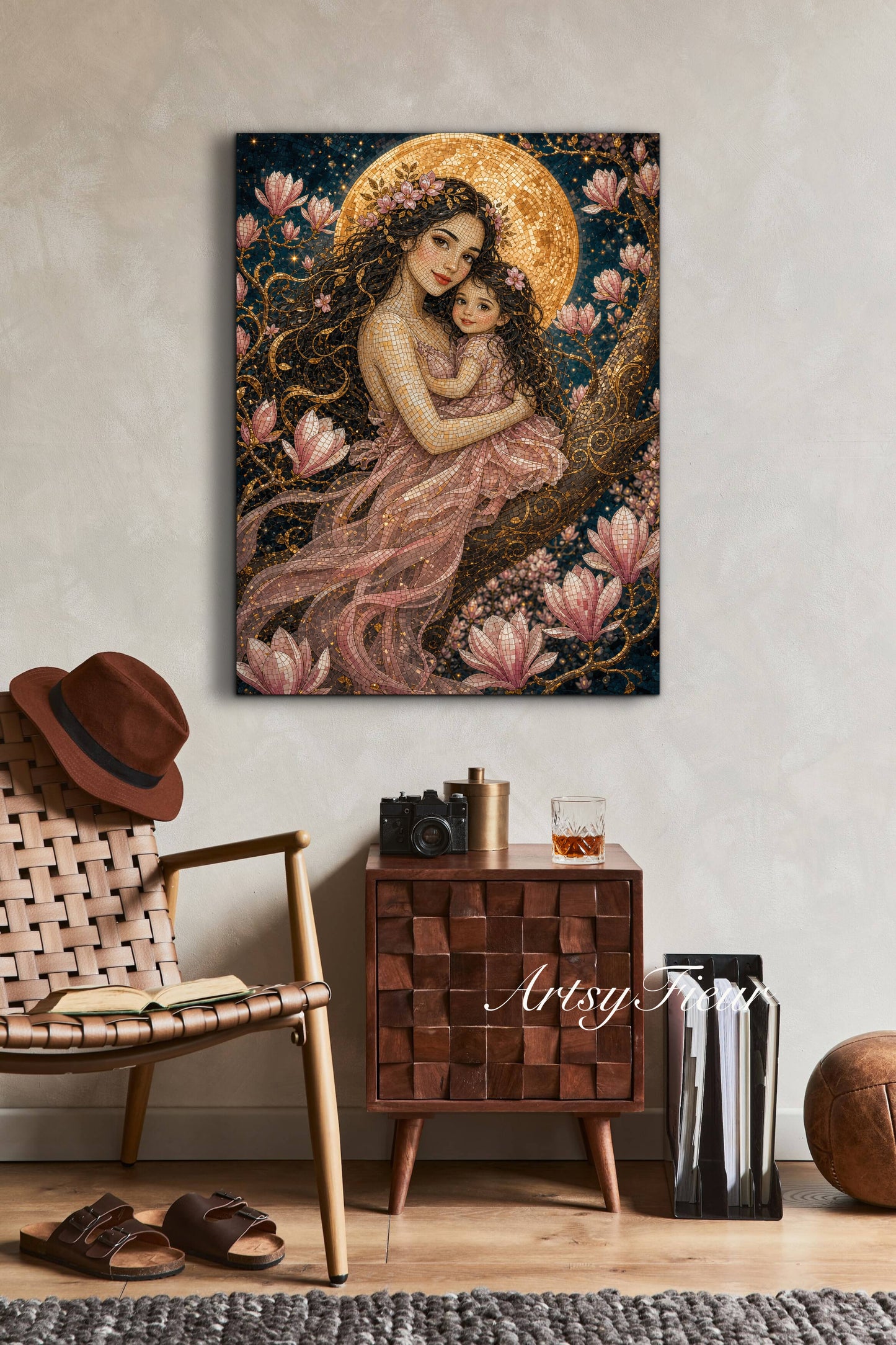 Framed canvas- Abstract Portrait Mosaic Fairy Beautiful Brunette Mother and Daughter Vibrant Magnolia Flowers Fantasy Wall Art Print