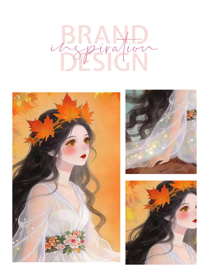 Framed Canvas- Vibrant Colours Beautiful Brunette Asian Woman Under the Maple Tree Abstract Portrait Original Artwork Fantasy Autumn Wall Art Print