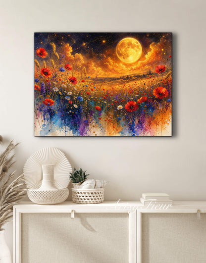 Framed Canvas Print- Vibrant Wildflowers and Poppies Oil Painting Textured Wall Art , Beautiful Original Artwork Ready to Hang Living Room, Floral