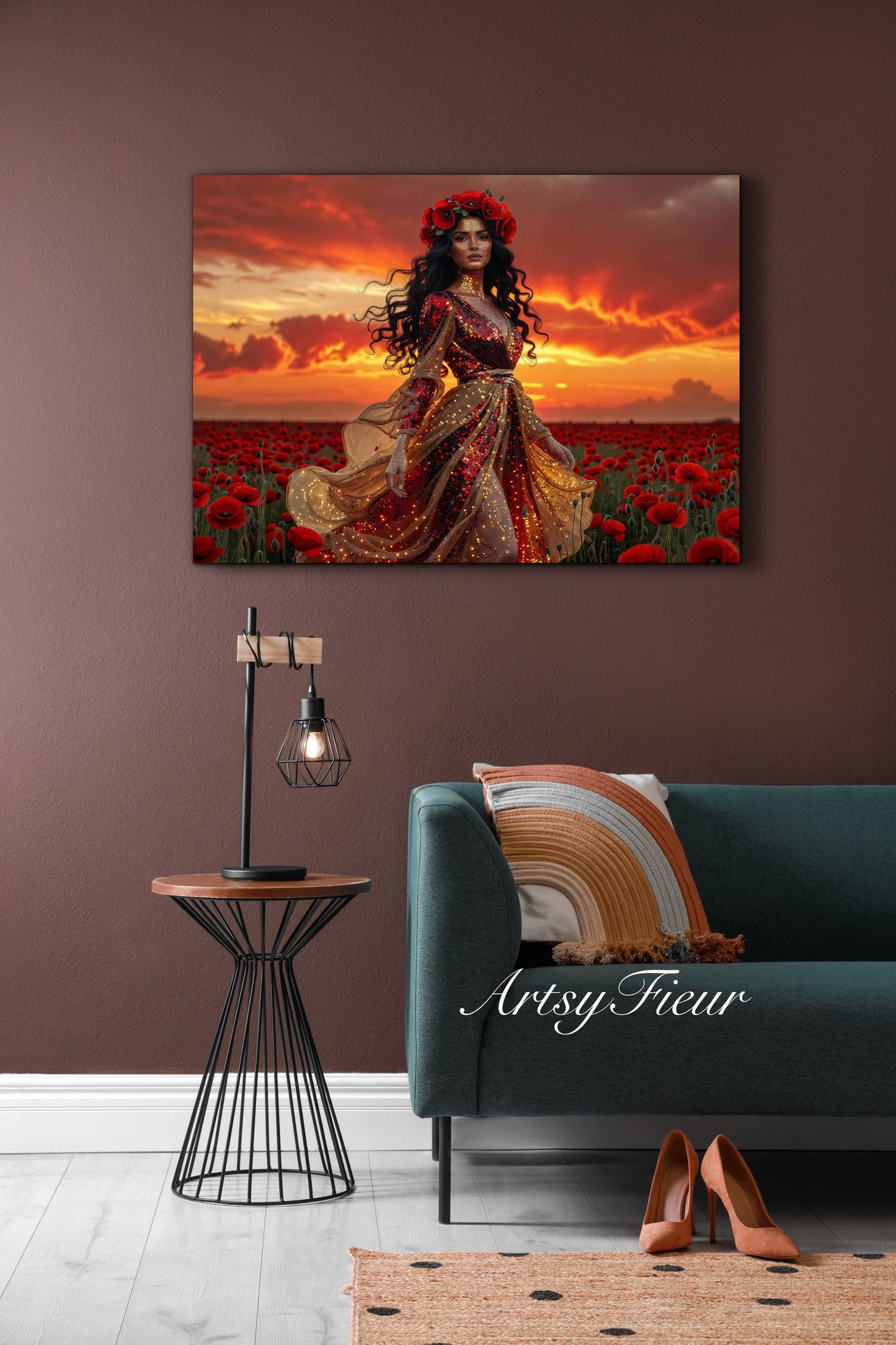 Framed Canvas - Vibrant Poppies Whimsical Sunset Beautiful Brunette in Poppy Field, Wall Art Ready to hang Oil Painting Original Artwork Print