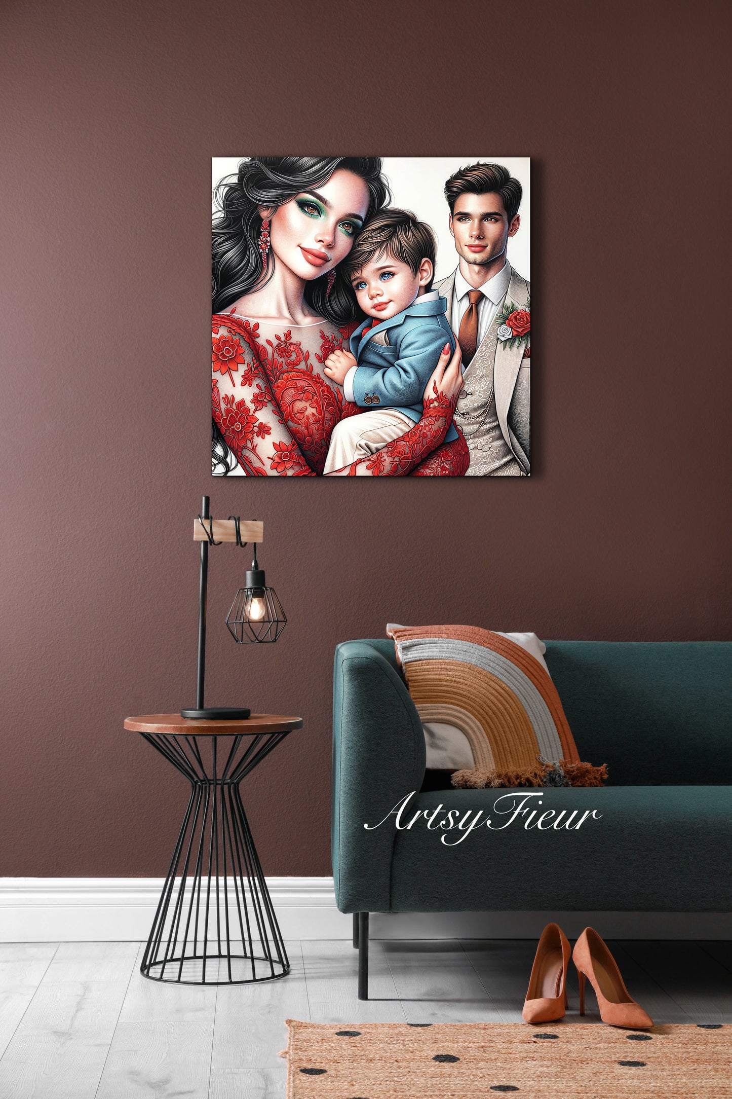 Framed canvas- ready to hang wall art print, colourful drawing abstract family portrait mother and son colourful drawing