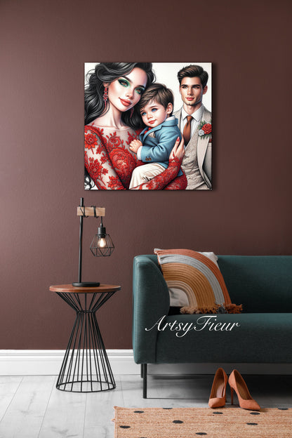 Framed canvas- ready to hang wall art print, colourful drawing abstract family portrait mother and son colourful drawing