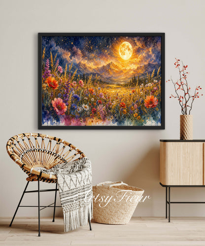 Framed canvas- vibrant full moon starry night sky colourful wildflowers floral wall art living room