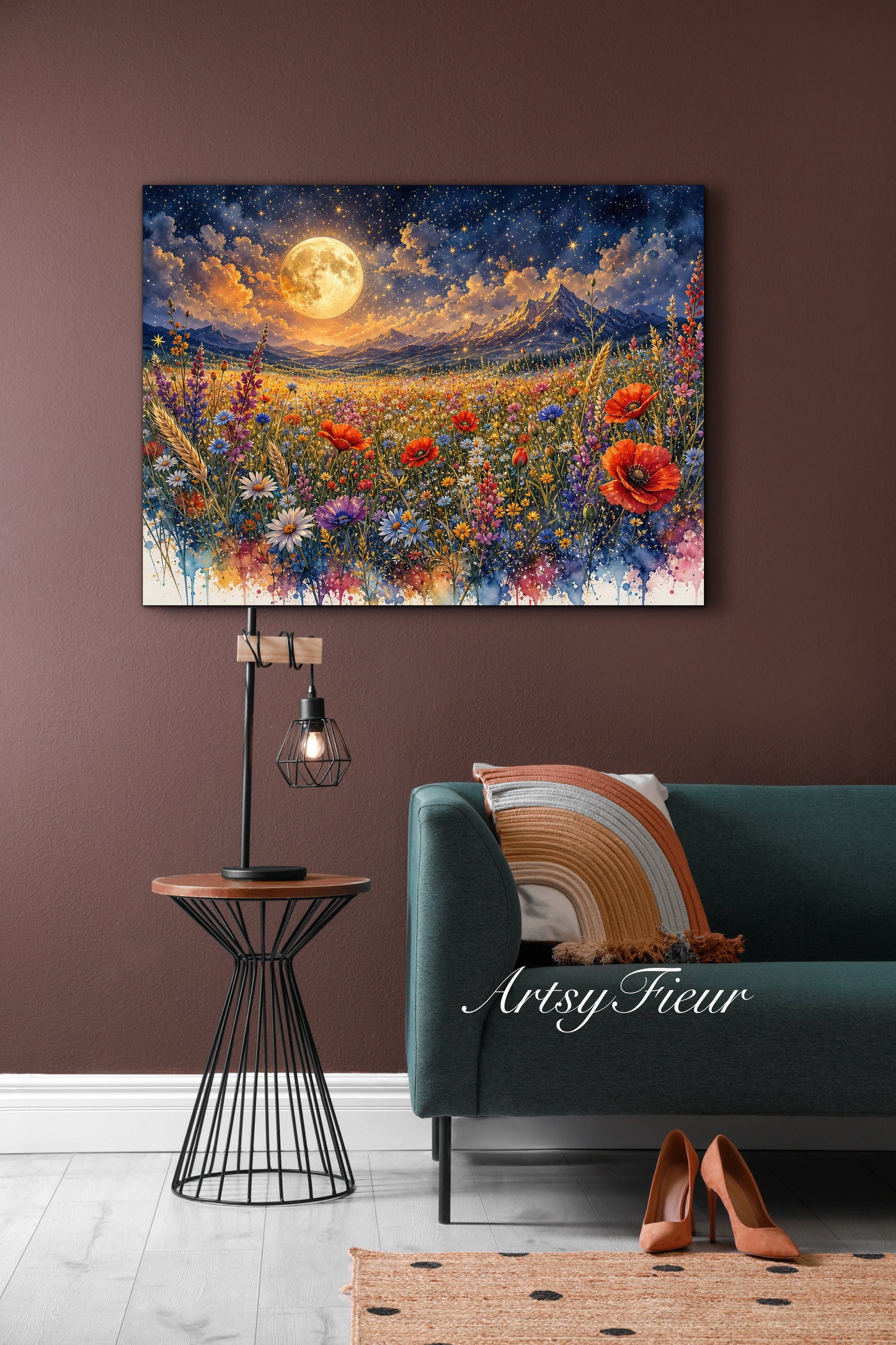 Framed Canvas Print- Vibrant Wildflowers and Poppies Oil Painting Textured Wall Art , Beautiful Original Artwork Ready to Hang Living Room, Floral