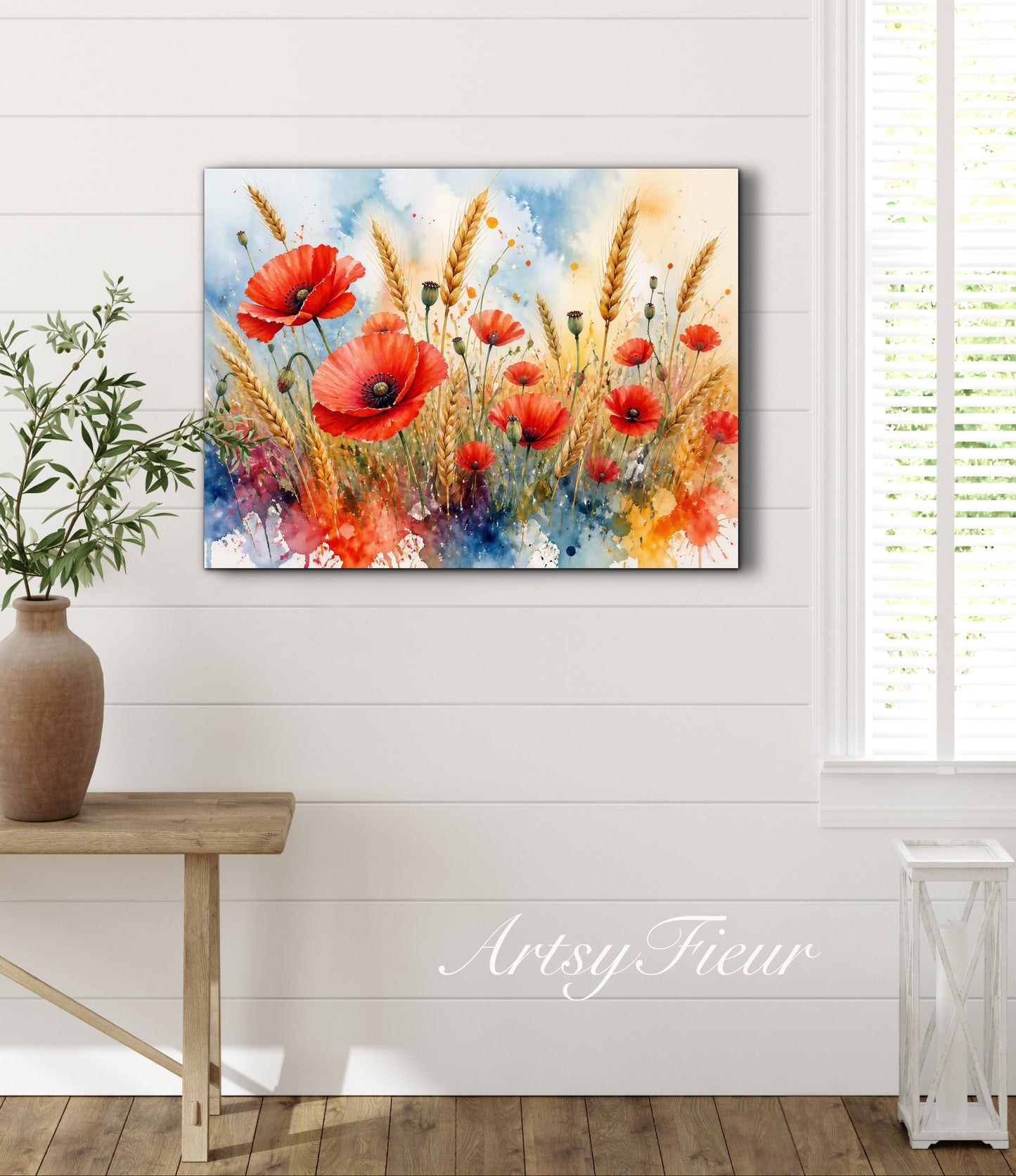 Framed Canvas Print- Vibrant Wildflowers and Poppies Oil Painting Textured Wall Art , Beautiful Original Artwork Ready to Hang Living Room, Floral