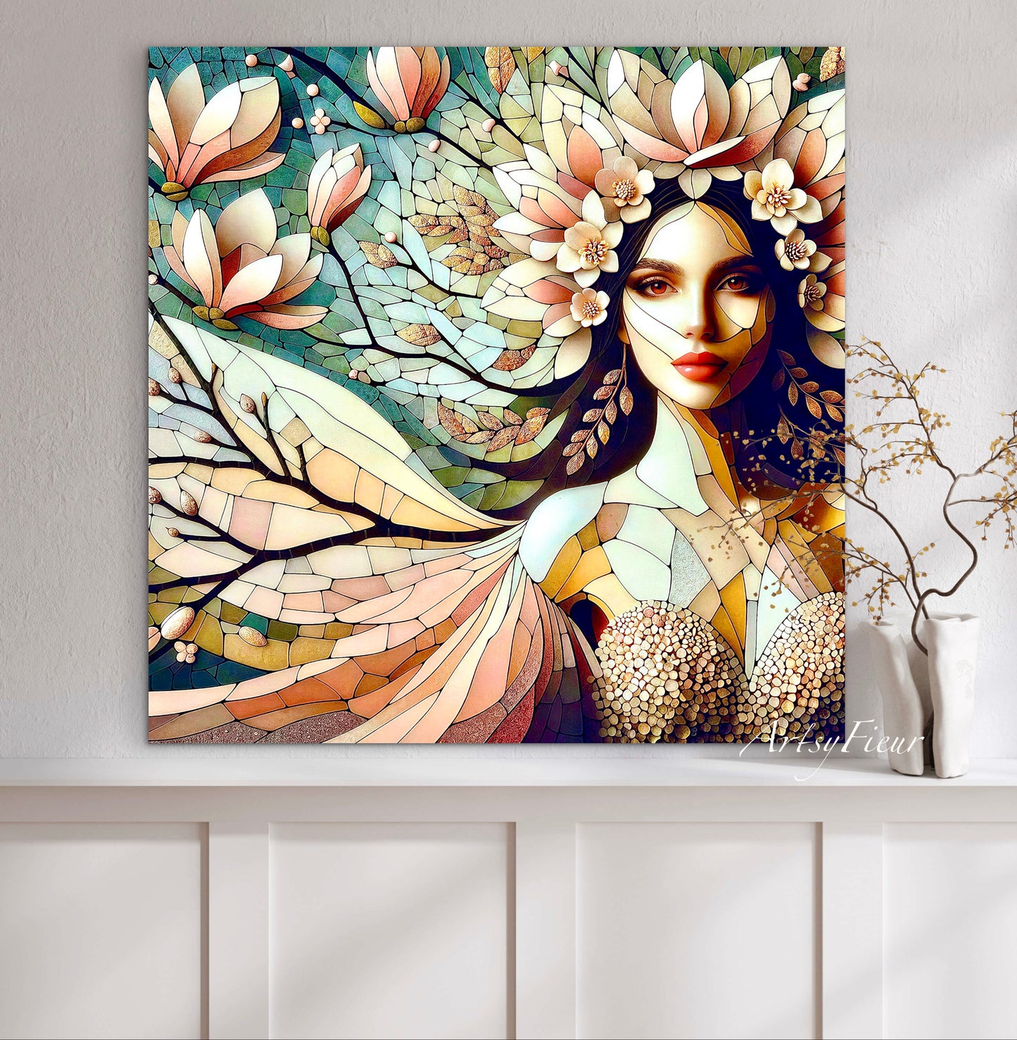 Framed canvas- Original Artwork Vibrant Magnolia Flowers Mosaic Portrait Beautiful Brunette Woman Wall Art Print