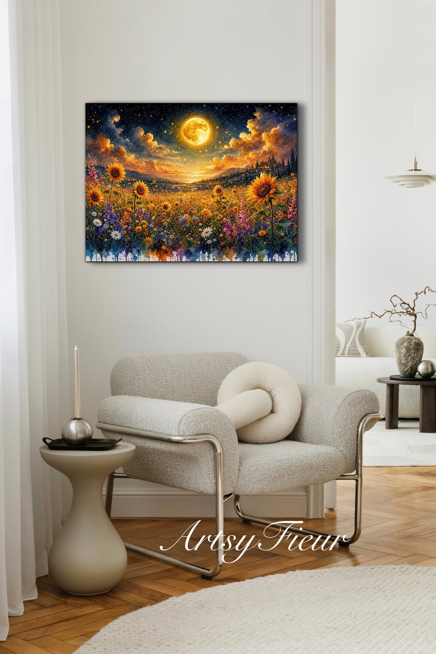 Framed Canvas- Beautiful Vibrant Colours Full Moon Floral Landscape, Wildflowers and Sunflowers Field under Night Sky Living Room Wall Art