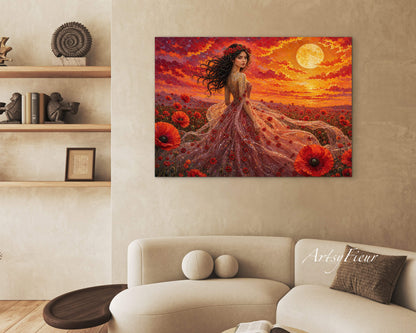 Framed Canvas - Vibrant Poppies Whimsical Full Moon Bride in Poppy Field, Wall Art Ready to hang Oil Painting Original Artwork Print