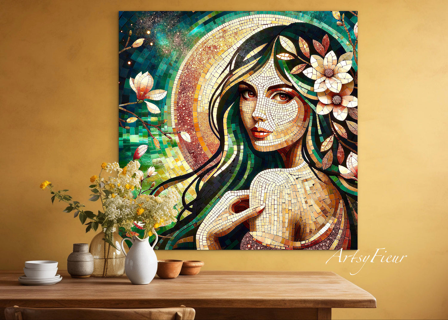 Framed canvas- Original Artwork Vibrant Magnolia Flowers Mosaic Portrait Beautiful Brunette Woman Wall Art Print