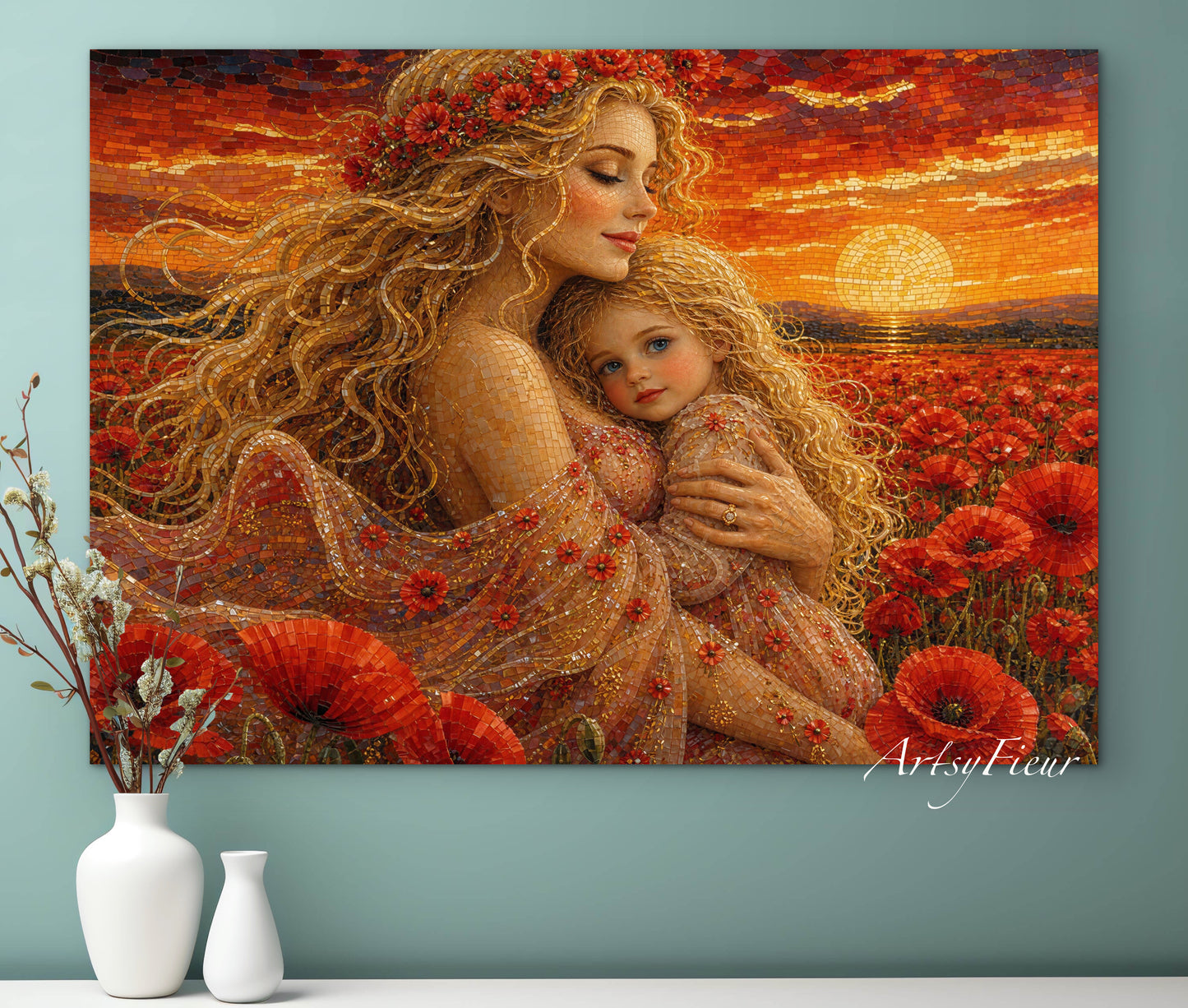 Framed Canvas- Vibrant Poppies Field Mother and Daughter Portrait Whimsical Full Moon Sunset Fantasy Oil Painting Wall Art Print