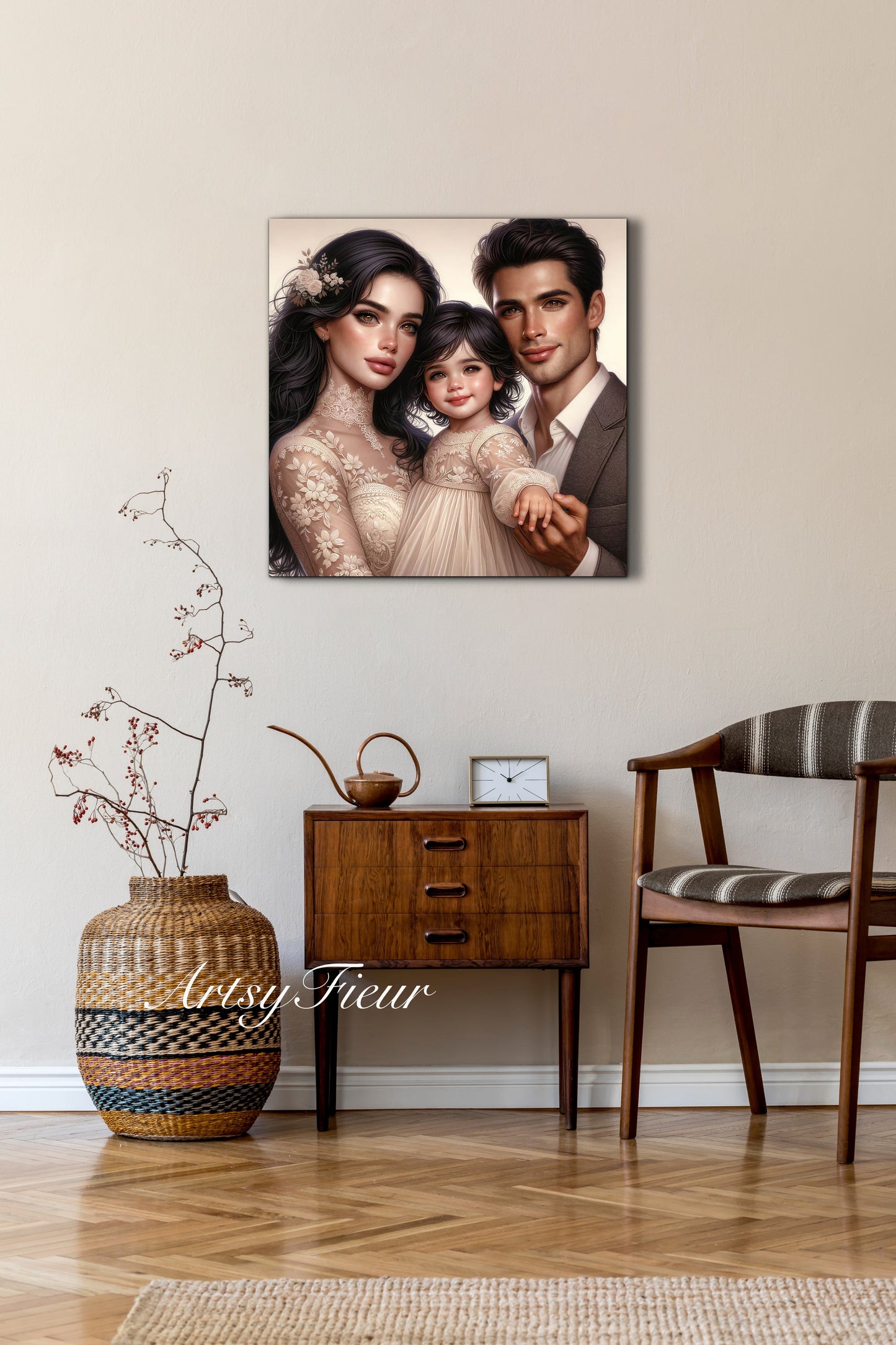 Framed canvas- ready to hang wall art print, colourful drawing abstract family portrait mother and daughter colourful drawing