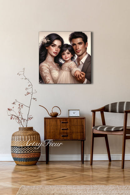 Framed canvas- ready to hang wall art print, colourful drawing abstract family portrait mother and daughter colourful drawing