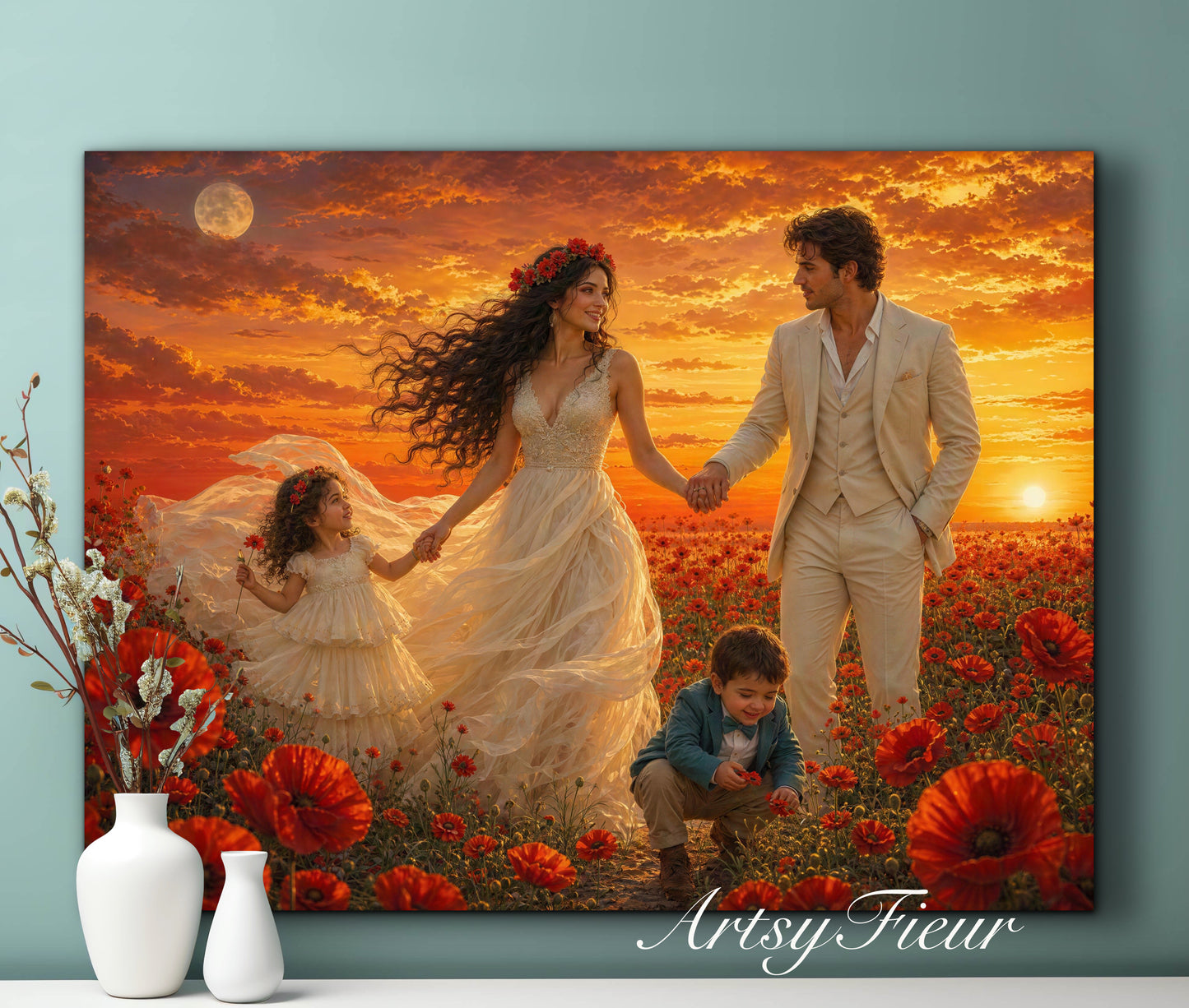 Framed Canvas- Vibrant Poppies Field Bride Groom Mother Daughter and Baby boy Portrait Whimsical Full Moon Sunset Fantasy Oil Painting Wall Art Print