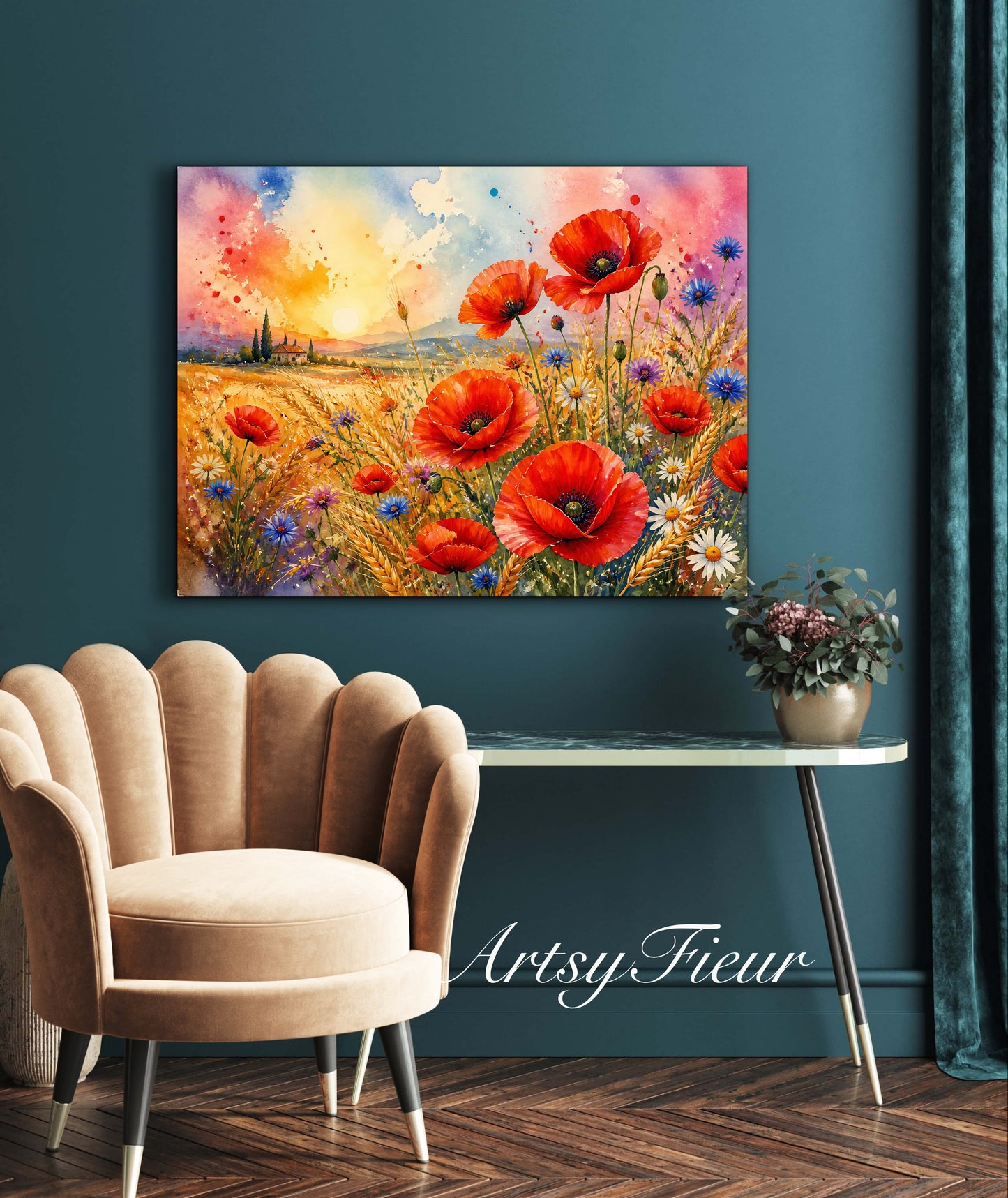 Framed Canvas Print- Vibrant Wildflowers and Poppies Oil Painting Textured Wall Art , Beautiful Original Artwork Ready to Hang Living Room, Floral
