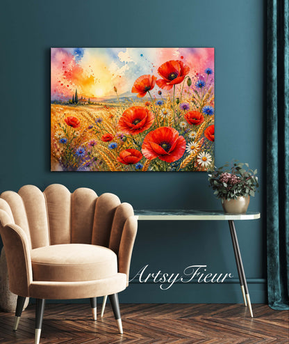 Framed Canvas Print- Vibrant Wildflowers and Poppies Oil Painting Textured Wall Art , Beautiful Original Artwork Ready to Hang Living Room, Floral