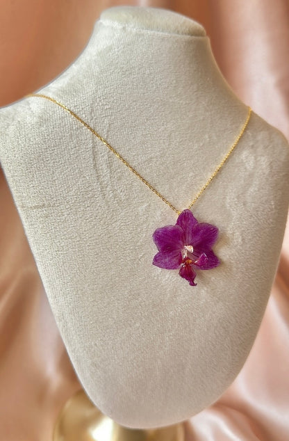 *REAL FLOWER Orchid Necklace Preserved Mini Purple Orchid in Resin 3D Flower Pendant Solid Sterling Silver Chain S925 Hypoallergenic