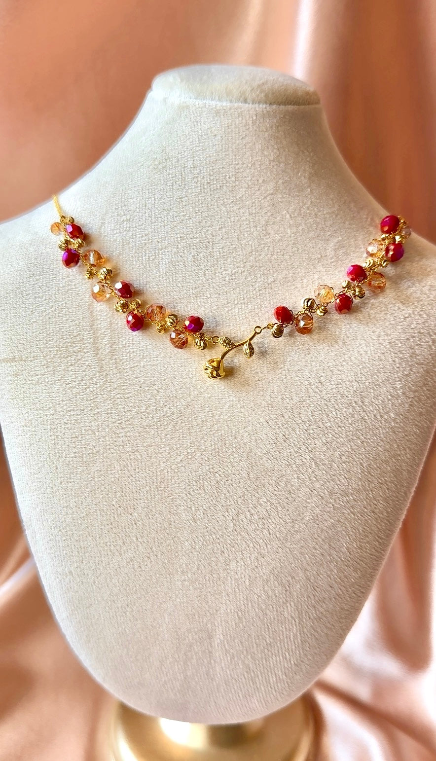 Mini Gold Rose Necklace Flower Pendant Handmade Braided Crystal Red Gold Beaded S925 Sterling Silver Hypoallergenic Floral Bohemian