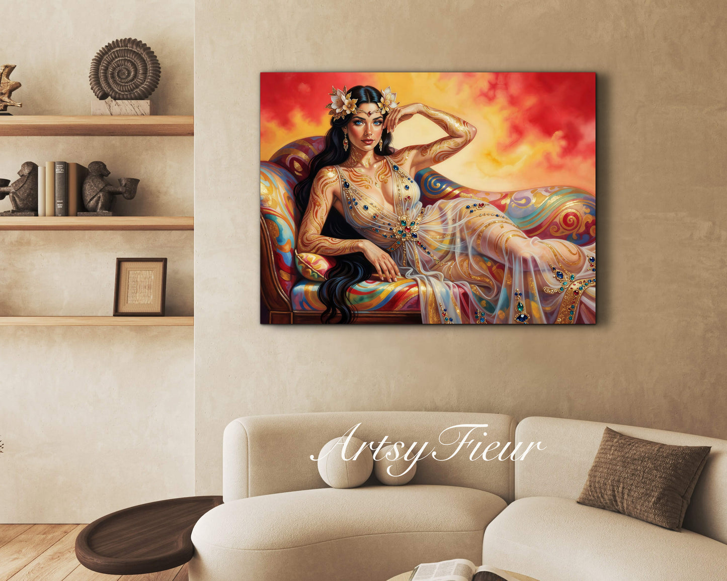 Framed canvas Beautiful Brunette on colourful sofa vibrant wall art abstract portrait, vibrant colours fantasy watercolour painting Ready to Hang Living Room Wall Art Print