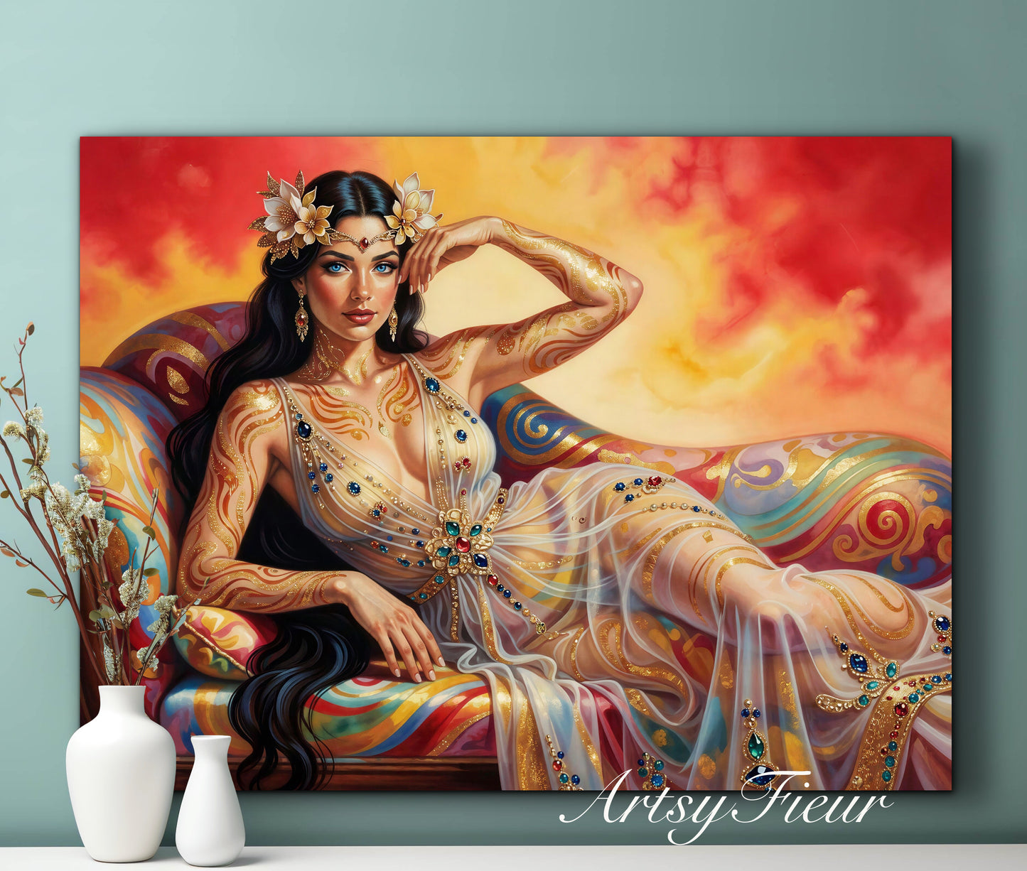 Framed canvas Beautiful Brunette on colourful sofa vibrant wall art abstract portrait, vibrant colours fantasy watercolour painting Ready to Hang Living Room Wall Art Print