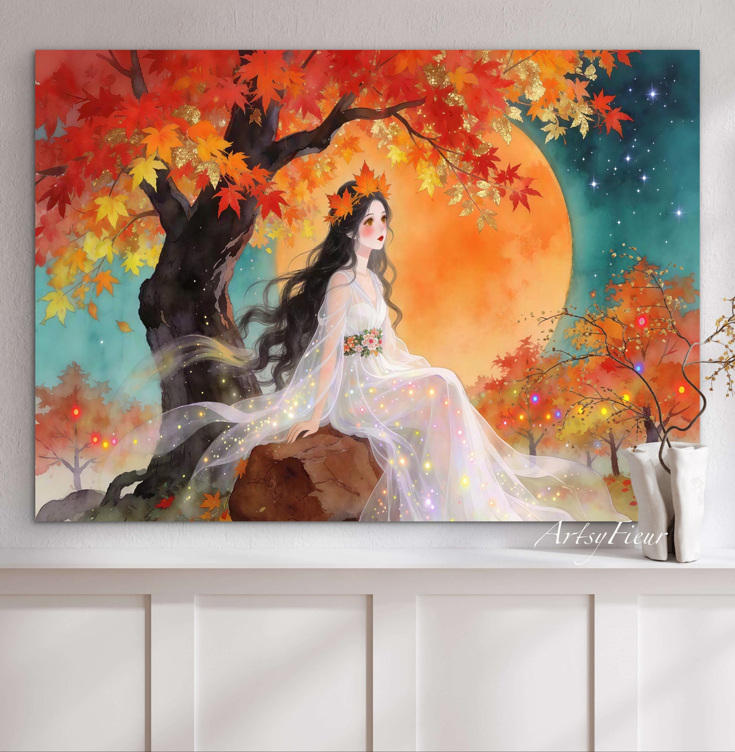 Framed Canvas- Vibrant Colours Beautiful Brunette Asian Woman Under the Maple Tree Abstract Portrait Original Artwork Fantasy Autumn Wall Art Print