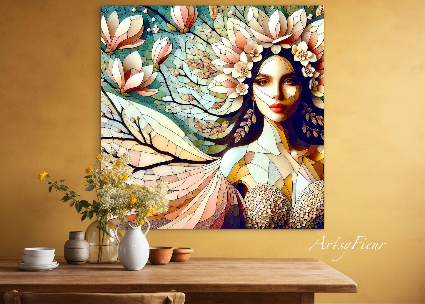 Framed canvas- Original Artwork Vibrant Magnolia Flowers Mosaic Portrait Beautiful Brunette Woman Wall Art Print