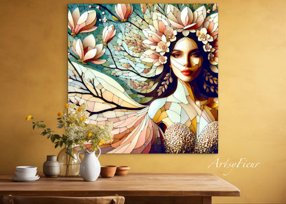 Framed canvas- Original Artwork Vibrant Magnolia Flowers Mosaic Portrait Beautiful Brunette Woman Wall Art Print