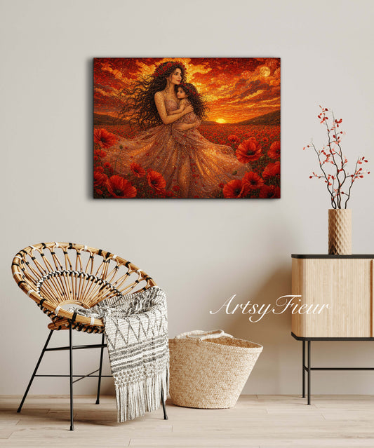 Framed Canvas- Vibrant Poppies Field Mother and Daughter Portrait Whimsical Full Moon Sunset Fantasy Oil Painting Wall Art Print