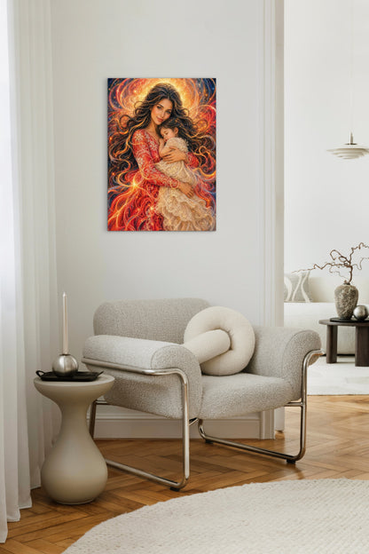 Abstract Portrait Mother and Daughter, Framed Canvas Ready to Hang, brunette dark hair baby girl