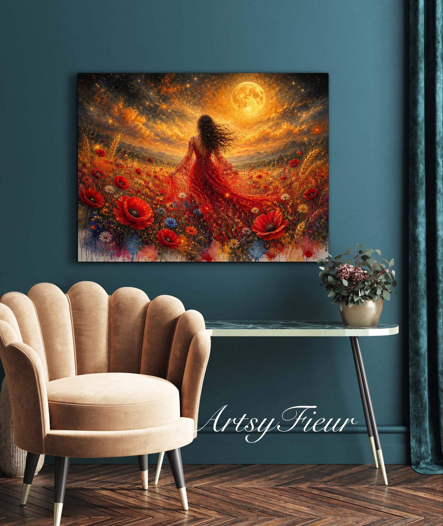 Framed Canvas - Vibrant poppies and wildflowers Whimsical Full Moon starry night sky Bride in Poppy Field, Wall Art Ready to hang original Artwork Print Red Dress