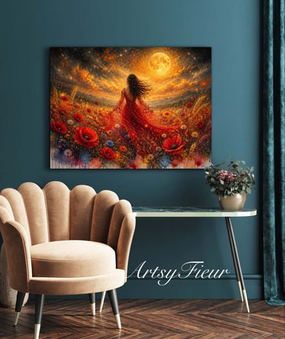 Framed Canvas - Vibrant poppies and wildflowers Whimsical Full Moon starry night sky Bride in Poppy Field, Wall Art Ready to hang original Artwork Print Red Dress