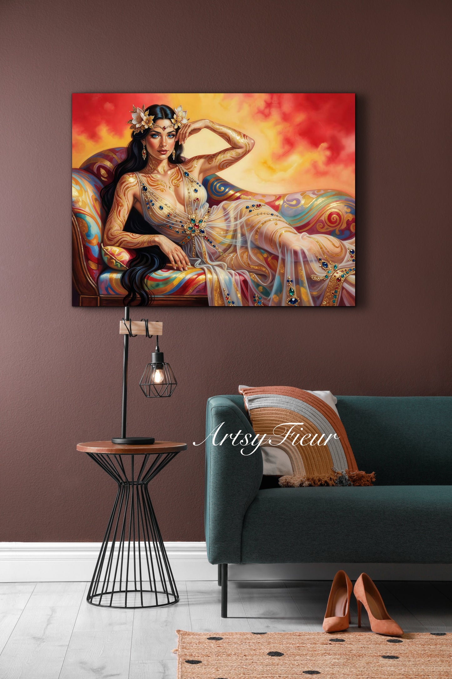 Framed canvas Beautiful Brunette on colourful sofa vibrant wall art abstract portrait, vibrant colours fantasy watercolour painting Ready to Hang Living Room Wall Art Print