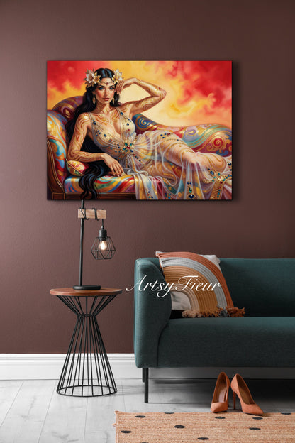 Framed canvas Beautiful Brunette on colourful sofa vibrant wall art abstract portrait, vibrant colours fantasy watercolour painting Ready to Hang Living Room Wall Art Print