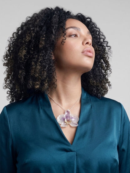 *REAL FLOWER Orchid Necklace 16” Long Preserved 3D Flower in Resin Floral Pendant White Purple Spotted Orchid on Chain Hypoallergenic