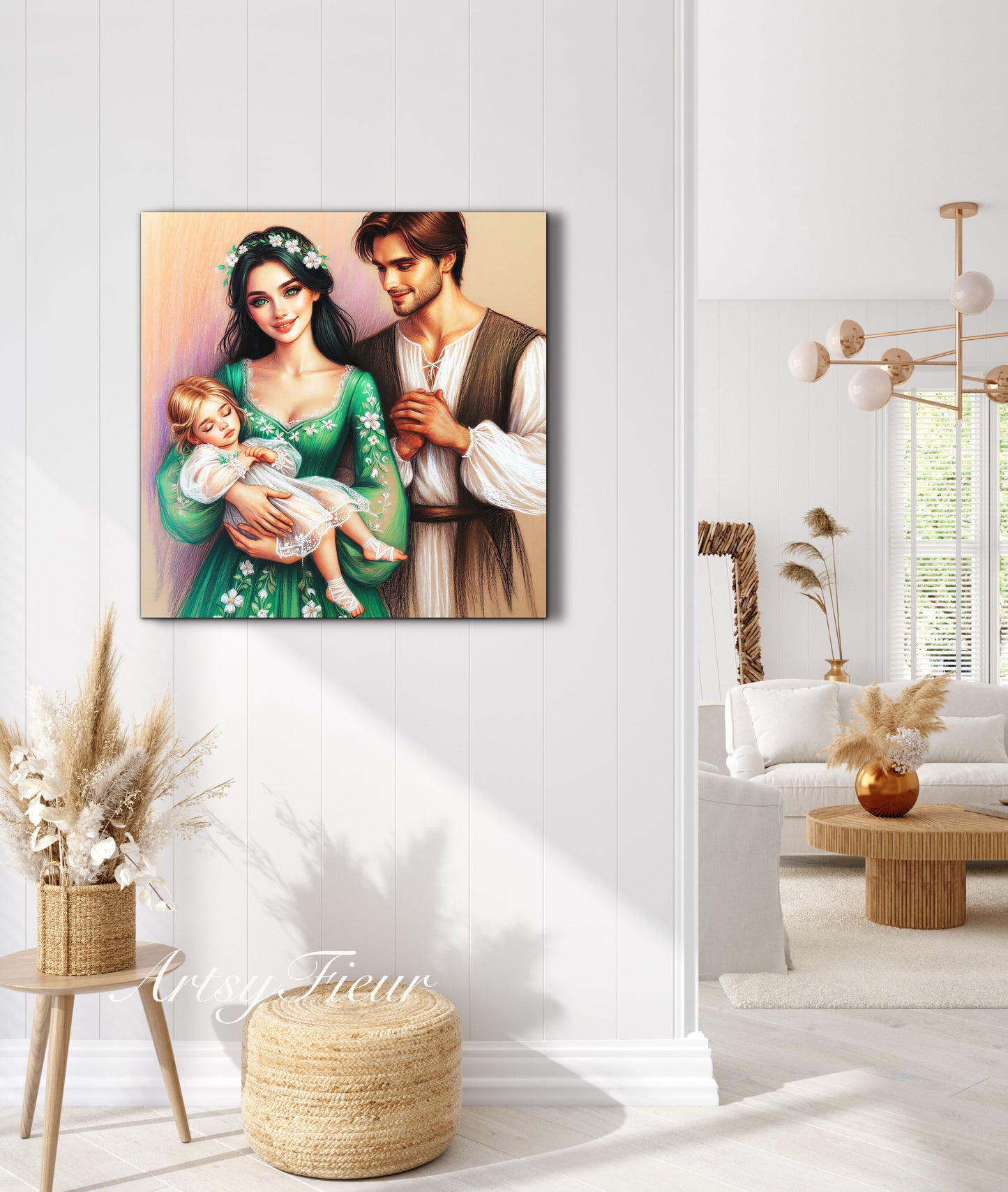 Framed canvas- ready to hang wall art print, colourful drawing abstract family portrait mother and daughter colourful drawing