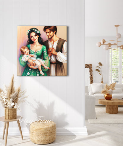 Framed canvas- ready to hang wall art print, colourful drawing abstract family portrait mother and daughter colourful drawing