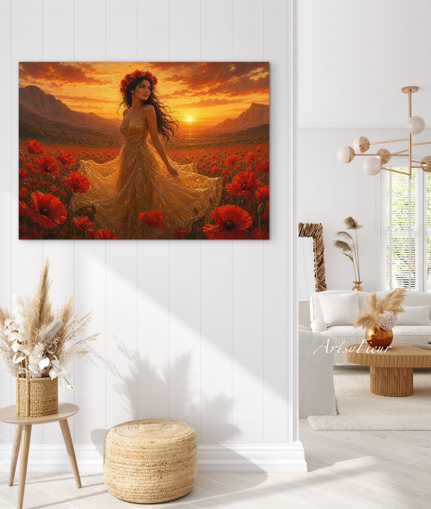 Framed Canvas - Vibrant Poppies Whimsical Full Moon Bride in Poppy Field, Wall Art Ready to hang Oil Painting Original Artwork Print