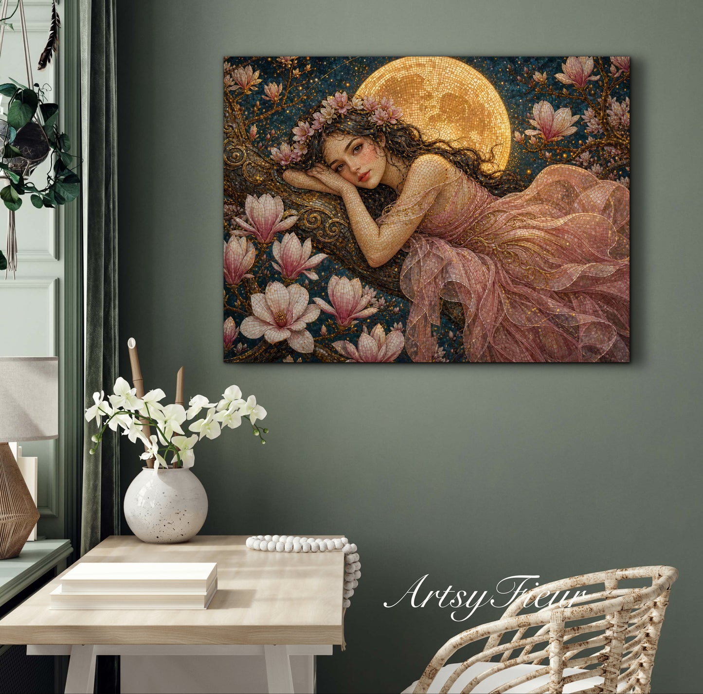 Framed Canvas- Vibrant Magnolia Flowers Beautiful Brunette Woman’s Portrait Mosaic Original Artwork Fantasy Wall Art Whimsical Full Moon