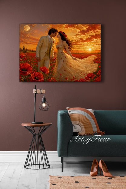 Framed canvas- whimsical full moon sunset bride and groom, wedding, poppy field, vibrant colours living room original artwork, fantasy oil painting wall art print