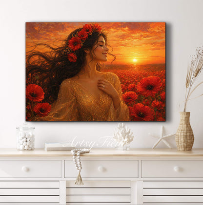 Framed Canvas - Vibrant Poppies Whimsical Full Moon Bride in Poppy Field, Wall Art Ready to hang Oil Painting Original Artwork Print