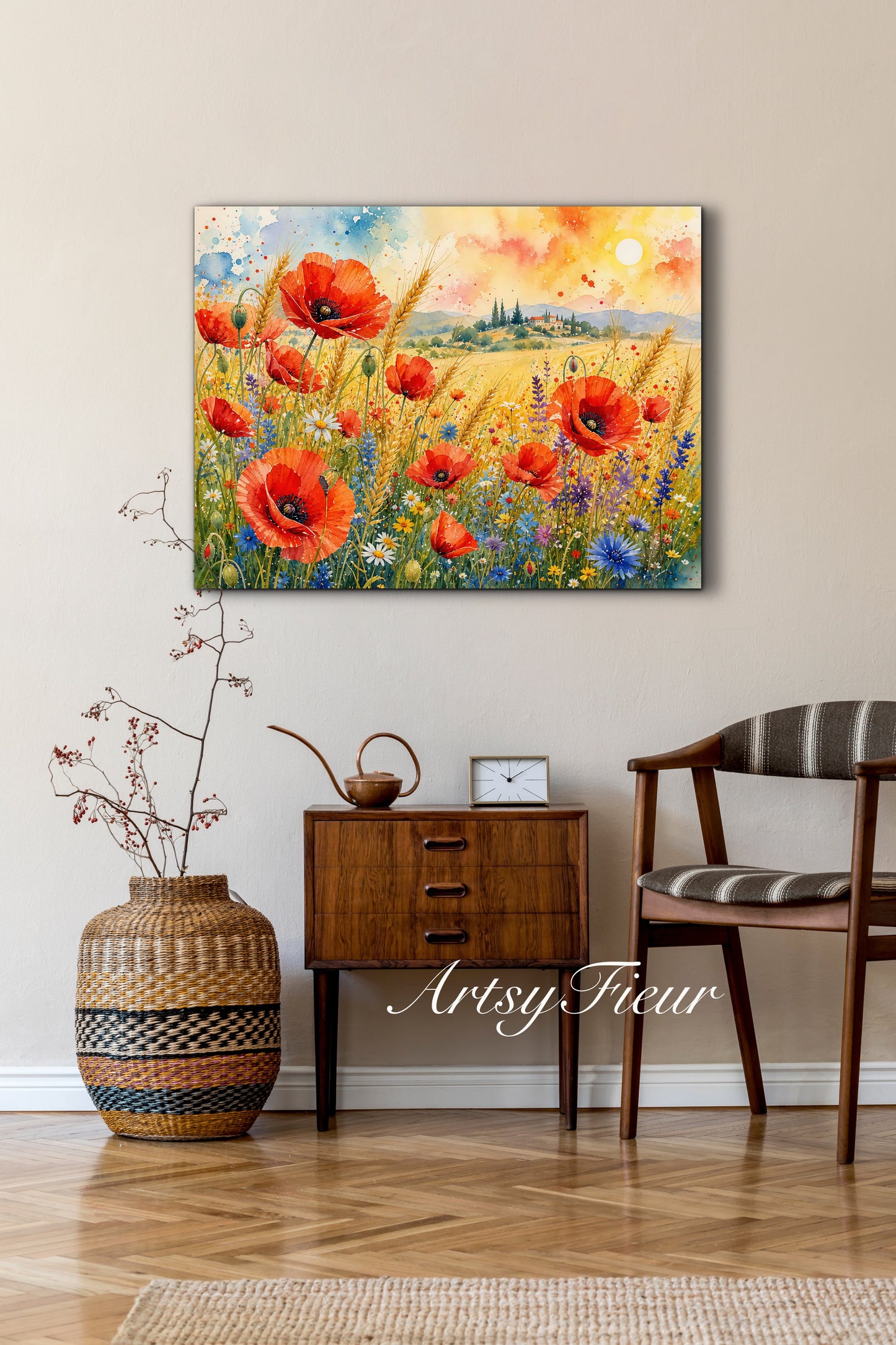Framed Canvas Print- Vibrant Wildflowers and Poppies Oil Painting Textured Wall Art , Beautiful Original Artwork Ready to Hang Living Room, Floral
