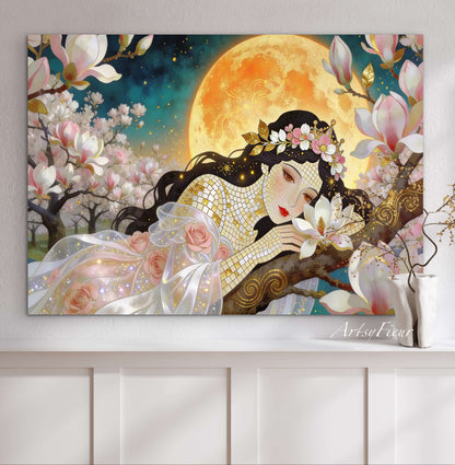 Framed Canvas- Vibrant Magnolia Flowers Beautiful Brunette Woman’s Abstract Portrait Mosaic Original Artwork Fantasy Wall Art Print