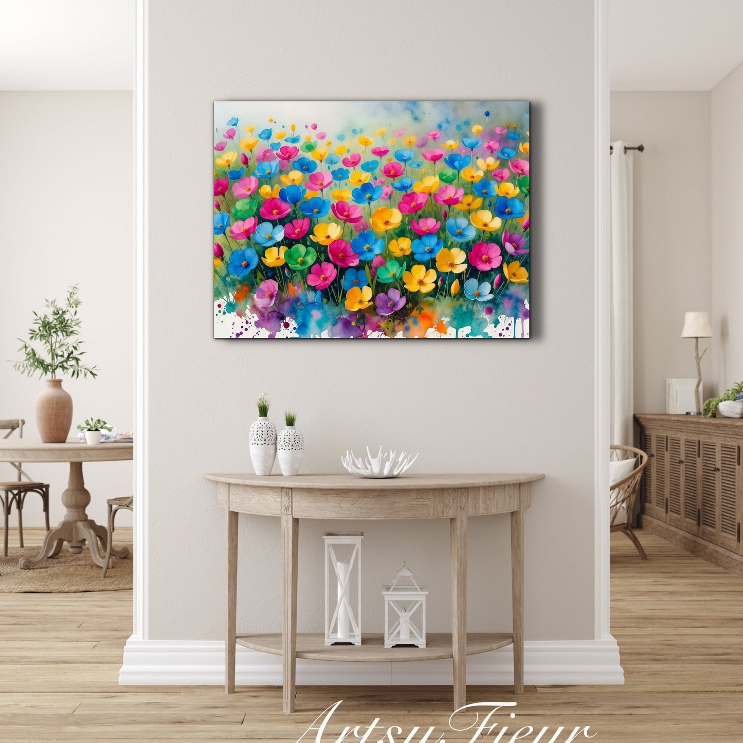 Framed canvas- ready to hang wall art print, beautiful vibrant colours watercolour fantasy painting wildflowers ,floral landscape, unique gift, one of a kind original artwork