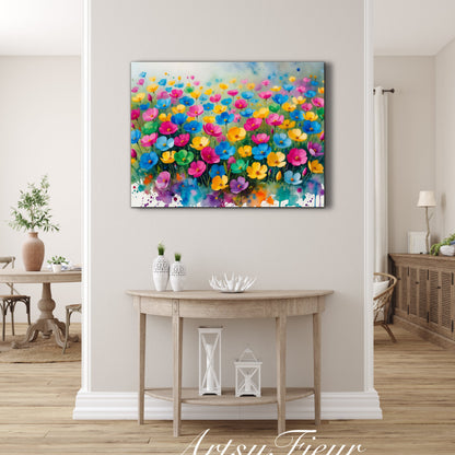 Framed canvas- ready to hang wall art print, beautiful vibrant colours watercolour fantasy painting wildflowers ,floral landscape, unique gift, one of a kind original artwork