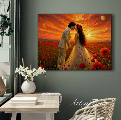 Framed canvas- whimsical full moon sunset bride and groom, wedding, poppy field, vibrant colours living room original artwork, fantasy oil painting wall art print