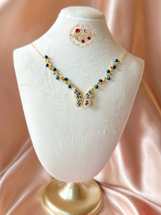Blue Butterfly Necklace Handmade Braided Beaded Necklace | Deep Blue Crystal |18k Gold Plated | Hypoallergenic