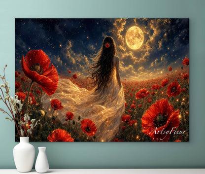Framed Canvas - Vibrant Poppies Whimsical Full Moon Bride in Poppy Field, Wall Art Ready to hang Oil Painting Original Artwork Print