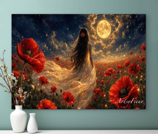 Framed Canvas - Vibrant Poppies Whimsical Full Moon Bride in Poppy Field, Wall Art Ready to hang Oil Painting Original Artwork Print