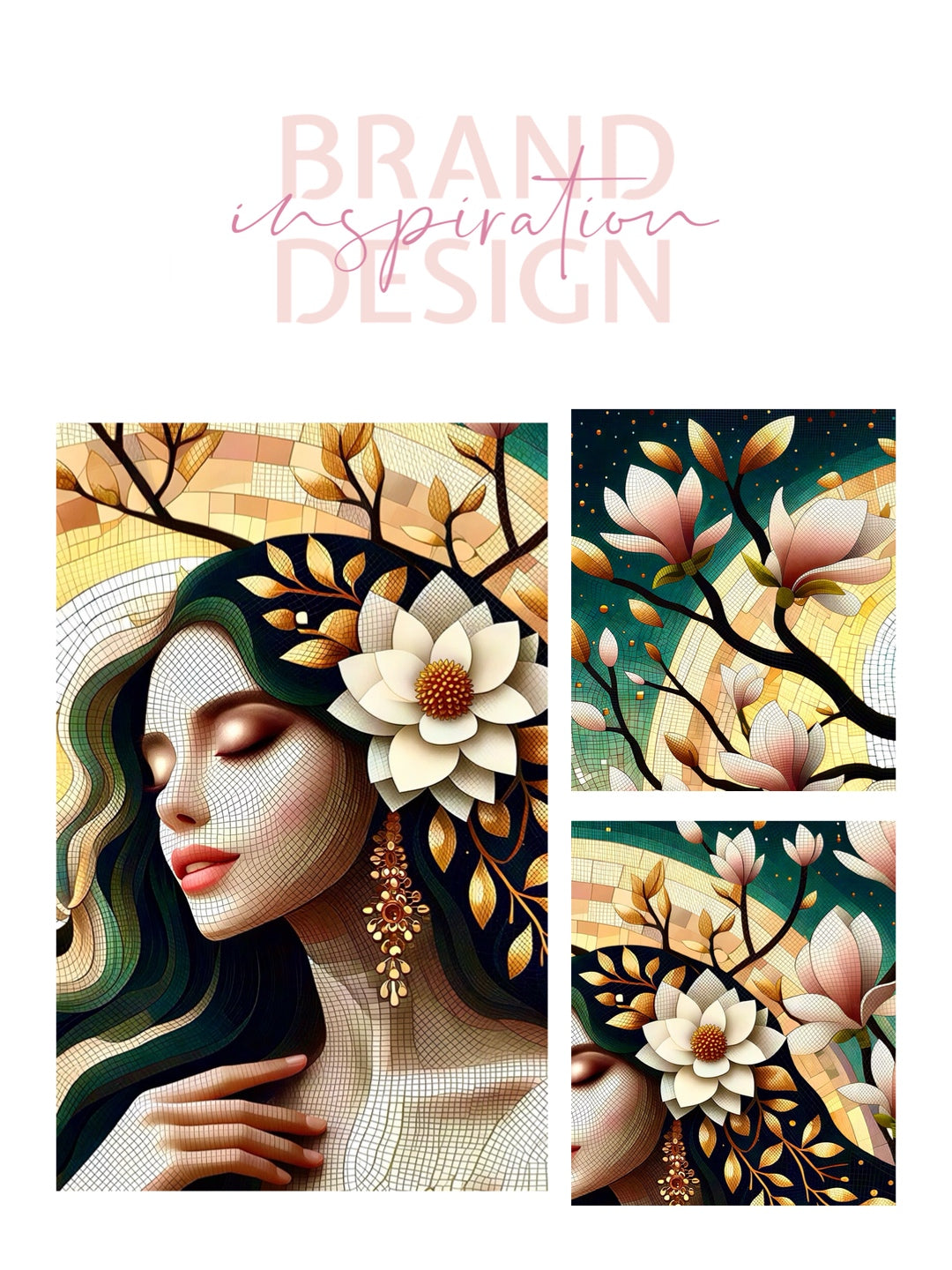 Framed canvas- Original Artwork Vibrant Magnolia Flowers Mosaic Portrait Beautiful Brunette Woman Wall Art Print