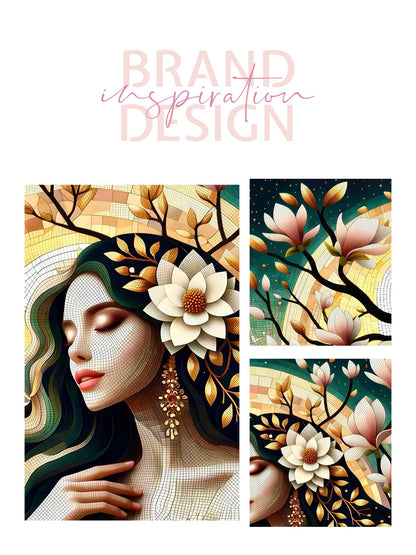 Framed canvas- Original Artwork Vibrant Magnolia Flowers Mosaic Portrait Beautiful Brunette Woman Wall Art Print