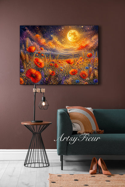 Framed Canvas Print- Vibrant Wildflowers and Poppies Oil Painting Textured Wall Art , Beautiful Original Artwork Ready to Hang Living Room, Floral